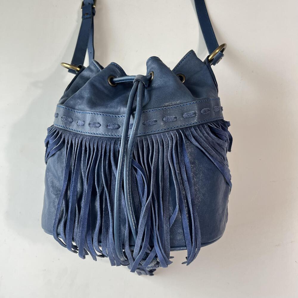 Johnny Was Leather Bucket Bag Womens Small Blue Fringe Boho Crossbody Italy Made